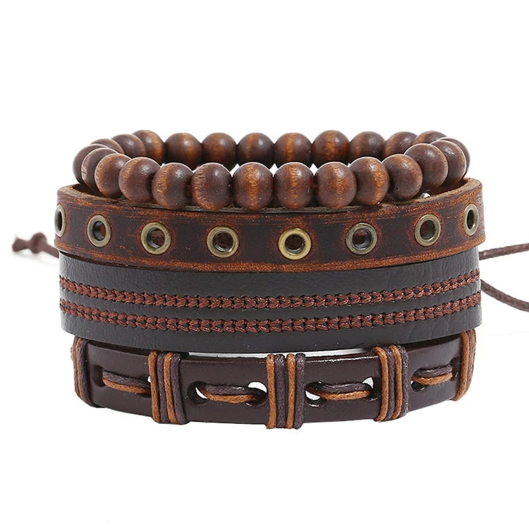 Handmade Stretch Elastic Wood Beads Male Adjustable Braided Men Wrap Genuine Leather Bracelet Set Jewelry MegaBDM