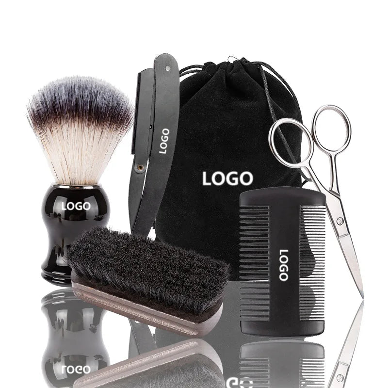 Wholesale logo Kit Bag Beard Shaving Brush Straightening Beard for Short Hair Wood Beard Comb and Brush Set