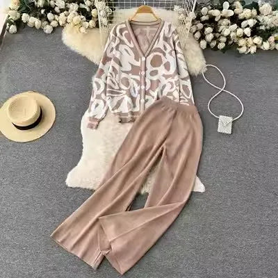 One Size Fashion Set Women's Autumn Printed Long Sleeve Knitted Cardigan Coat High Waist Straight Leg Pants Two Piece Set