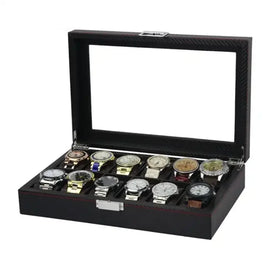 Luxury 12 Slot Men Watch Display Box Black Carbon Fiber PU Leather Jewelry Organizer Popular Watch Cases