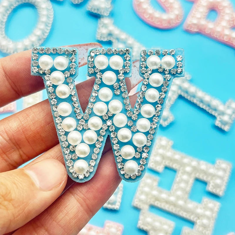 Wholesale Pearl Letter Patch Rhinestone Iron Clothing and Shoe DIY Name Patches for Ladies and Girls