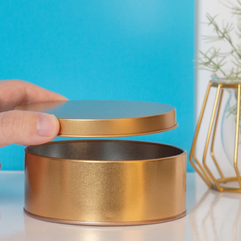RTS Food Grade Round Shape Cookies Cake Tin Boxes Gold Custom Tin Container Packaging with Offset Printing for Snack Candy MegaBDM