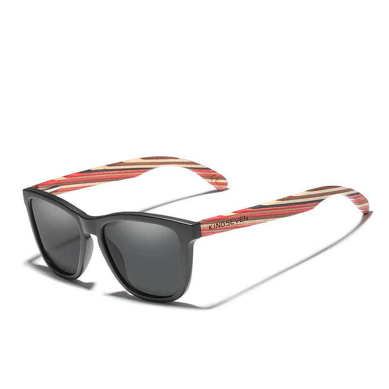 For KINGSEVEN 5512 Sunglasses for Men Trendy Gradient Multi-Color Natural Wood Frame with Mirror Lens Eyewear for Women