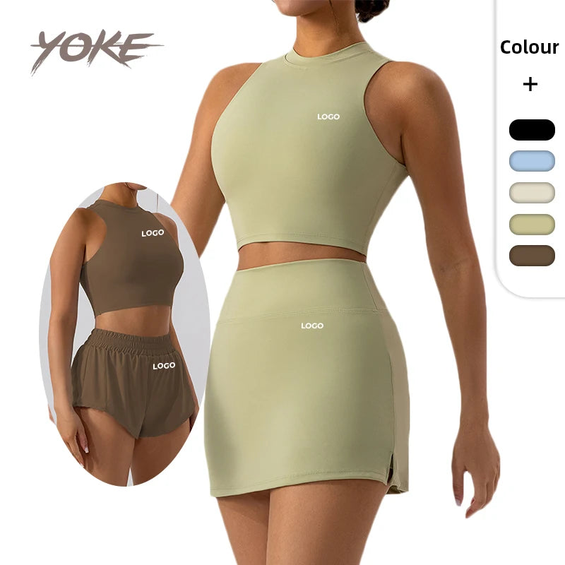JY 2024 Custom Logo Women's Tank Tops High Impact Classic Sports Gym Fitness Crop Top Women Two Pieces Set Shorts&Skirts