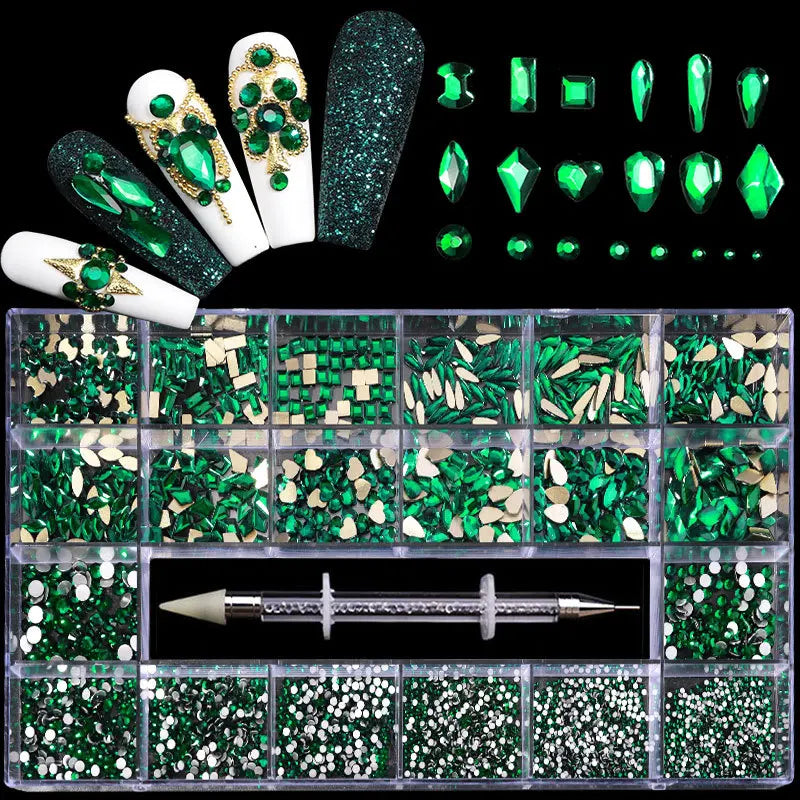 21 Grids Luxury Shiny Diamond Nail Art Rhinestones Kit AB Crystal Mixed Shapes Gemstone Nail Charms Accessories With Pickup Pen