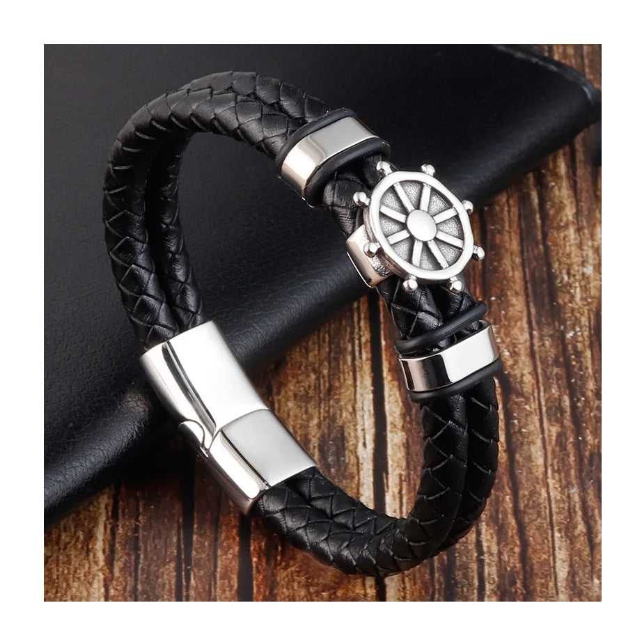 Wholesale Luxury Men's Charm Men Jewelry Bracelet Vintage Leather Bracelet Stainless Steel Magnetic Clasp Birthday Gift Men