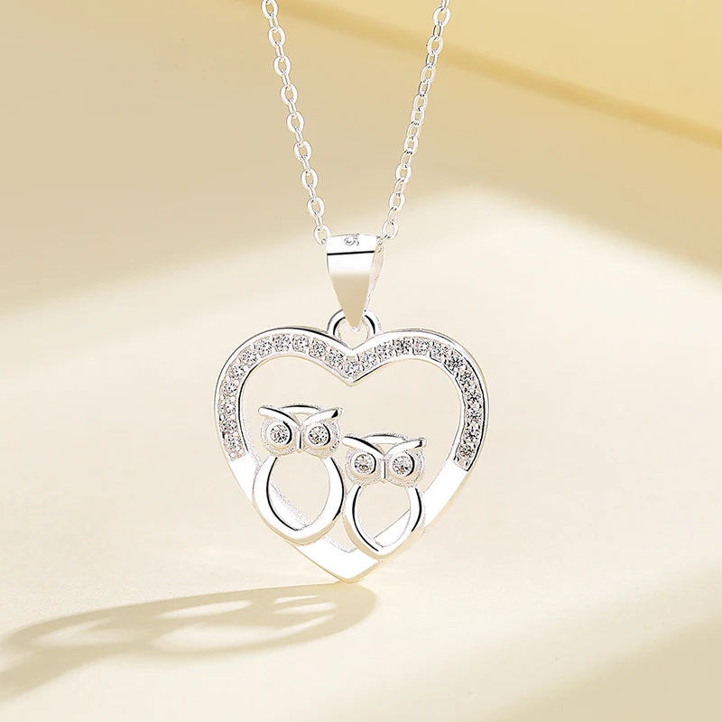 Women's 925 Sterling Silver Plated AAA Cubic Zirconia Heart-Shaped Owl Necklace with Long Chain Big Statement Fine Jewelry