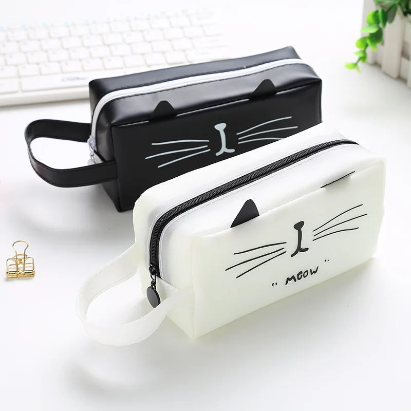 Large Capacity Creative Cartoon Cat Black and White Zipper Stationery Pencil Case