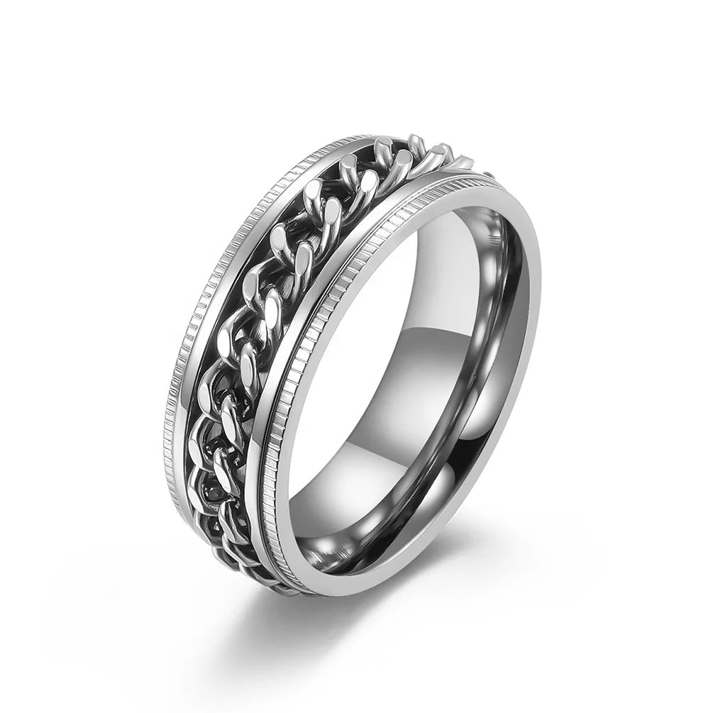 Wholesale Price Trendy Rotating Chain Black Stainless Steel Round Anti Anxiety Fidget Rings OEM for Men & Unisex