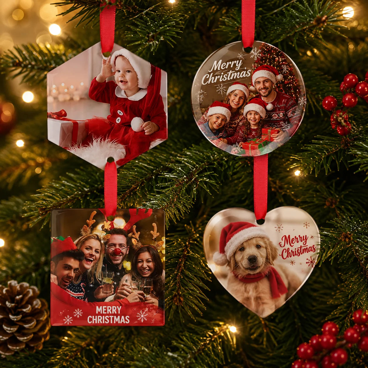 PYD Life Free Shipping US Warehouse 3 Inch Christmas Glass Ornaments with Red Ribbon Personalized Popular for Sublimation