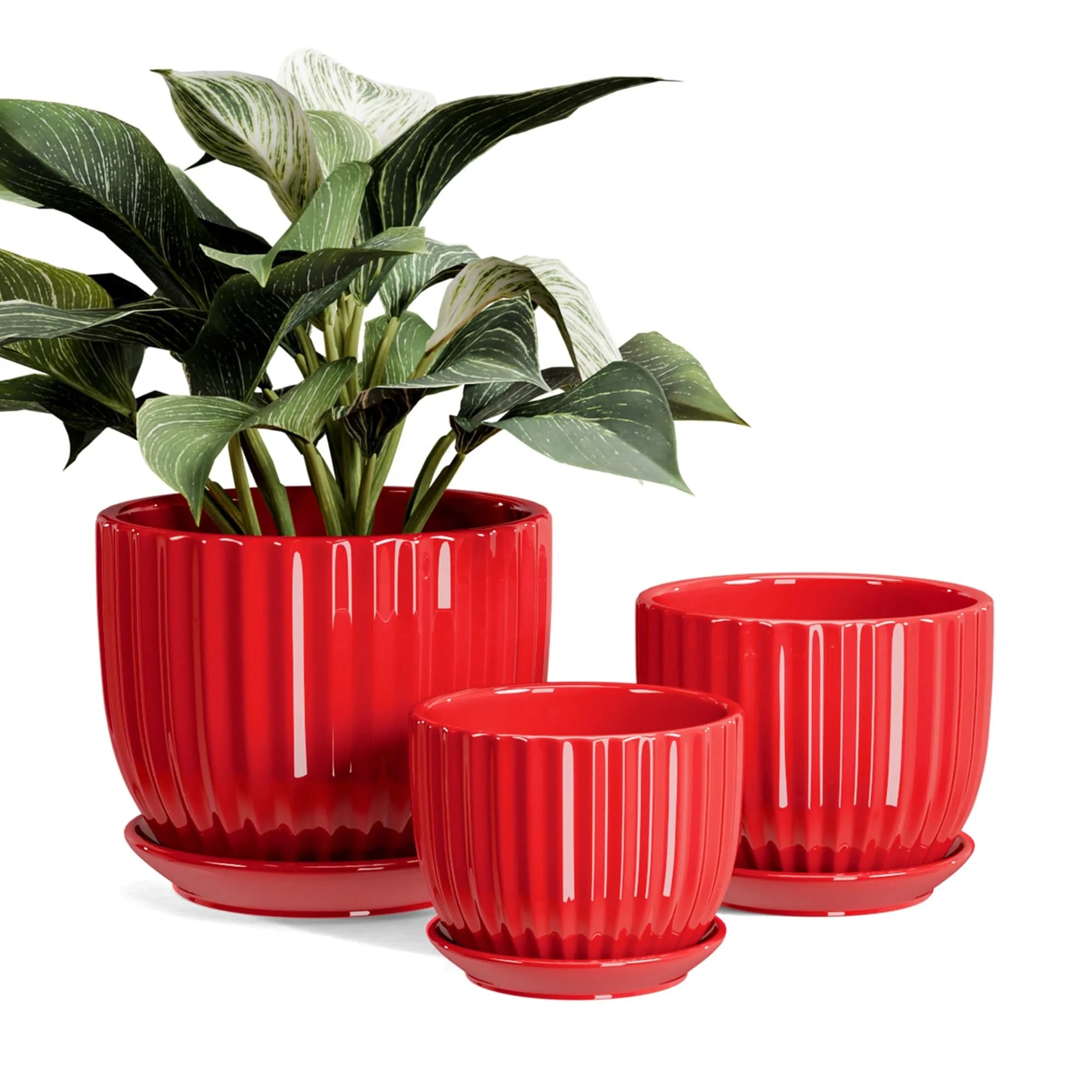 Hot Sale Modern Red Glazed Ceramic Flower Pot With Saucer Drainage Hole Plant Garden Exquisite Home Decoration Vase