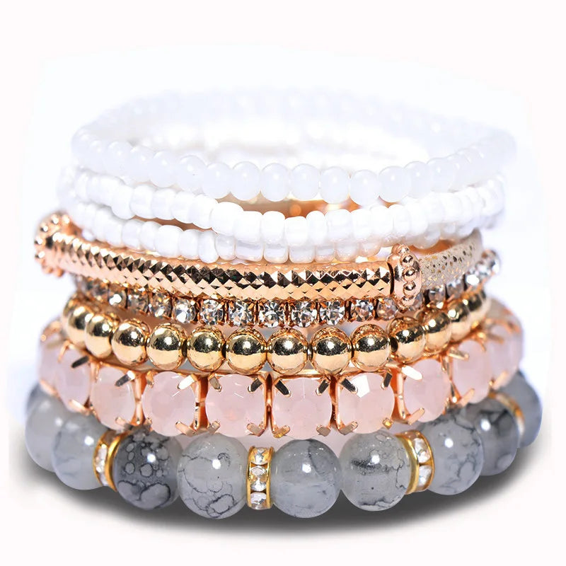 AA00282 8pcs/pack Bohemian Stackable Glass Beads Bracelets for Women Stretch Beaded Bangles Layered Adjustable Bracelet Set