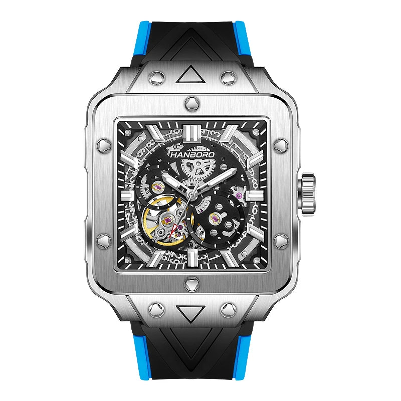 HANBORO Fully Automatic Mechanical Movement Men's Watch Hollow Design Trendy Waterproof Luminous Pointer Glass Window Silicone
