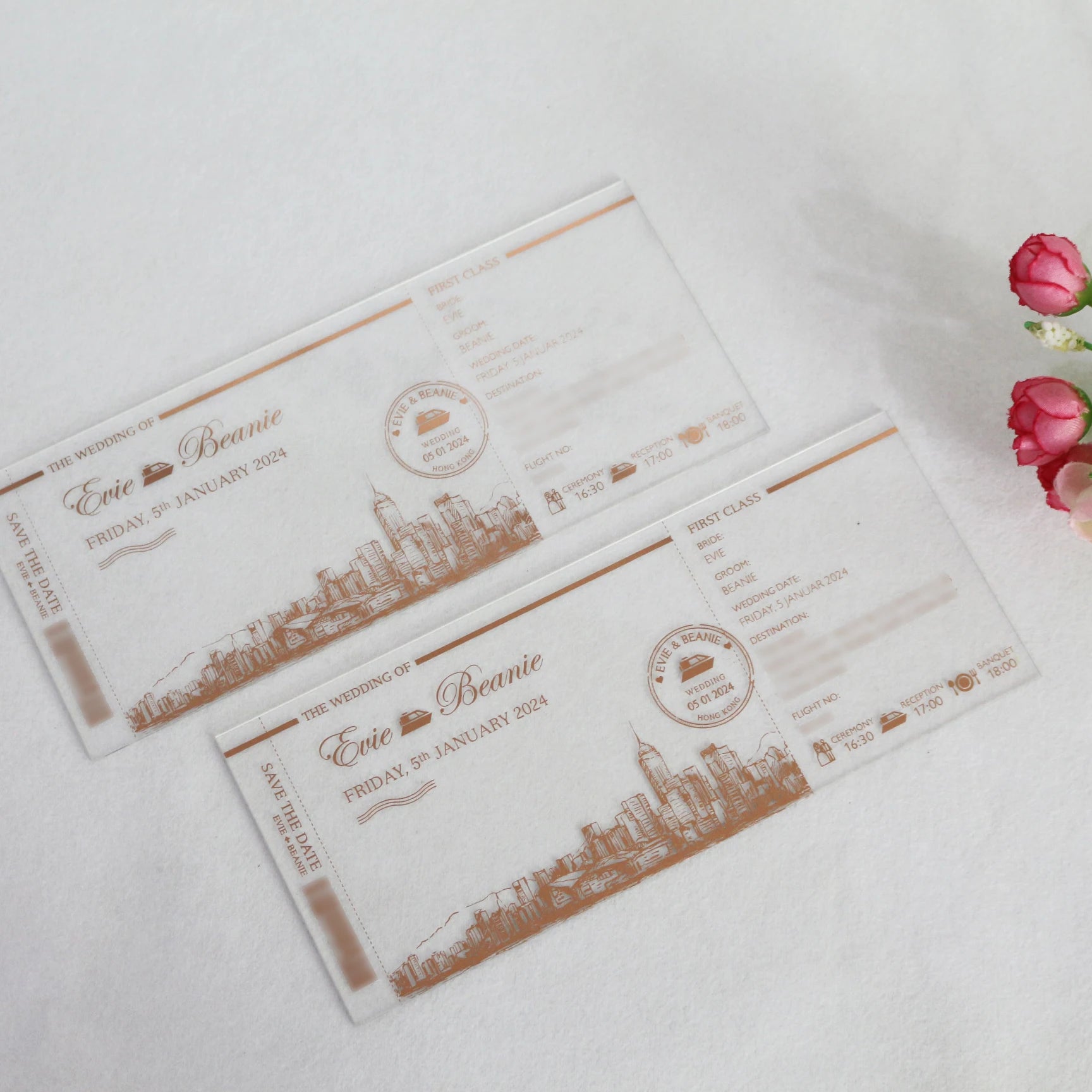 Customizable Rose Gold Foil Save the Date Cards DIY Rectangle Shape Clear Acrylic Wedding Invitations Handmade Paper Design