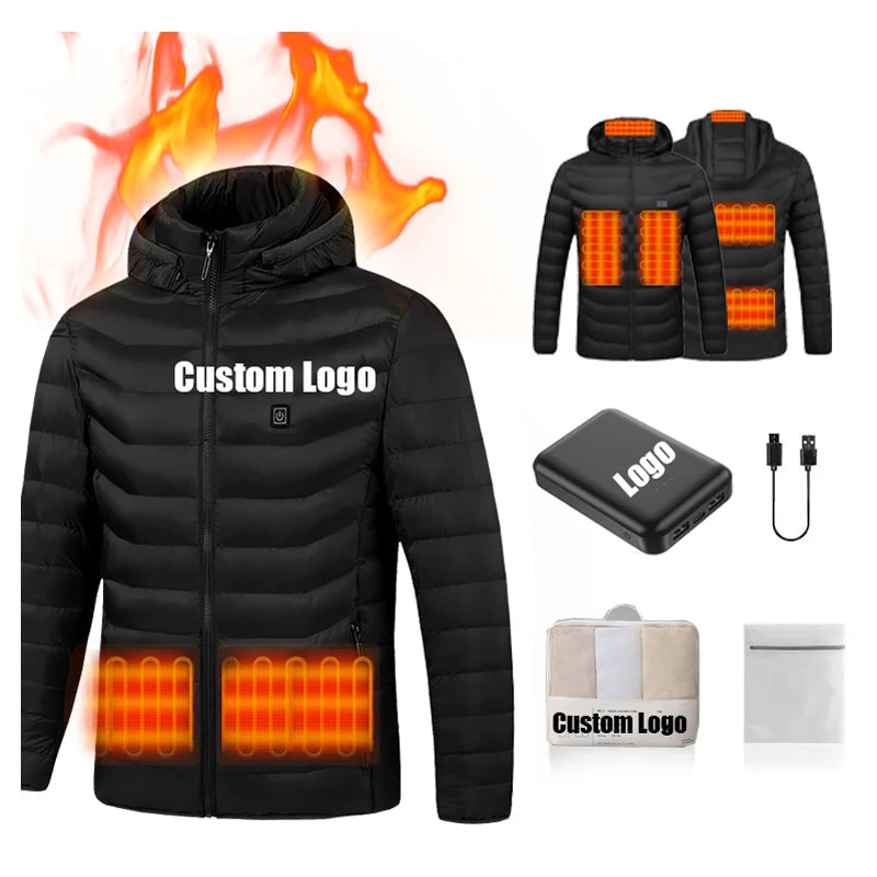 Custom logo Winter Puffer Heated Long Jacket  with Battery Pack Self Heating Jacket Usb Battery Electric Heat Jacket Mens
