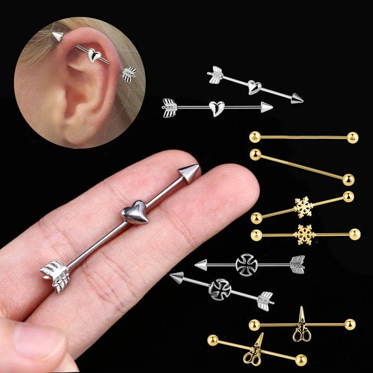 14g Children's Industrial Barbell Punk Style Rose Gold Plated Wedding Body Piercing Cross Heart Snowflake 316L Stainless Steel