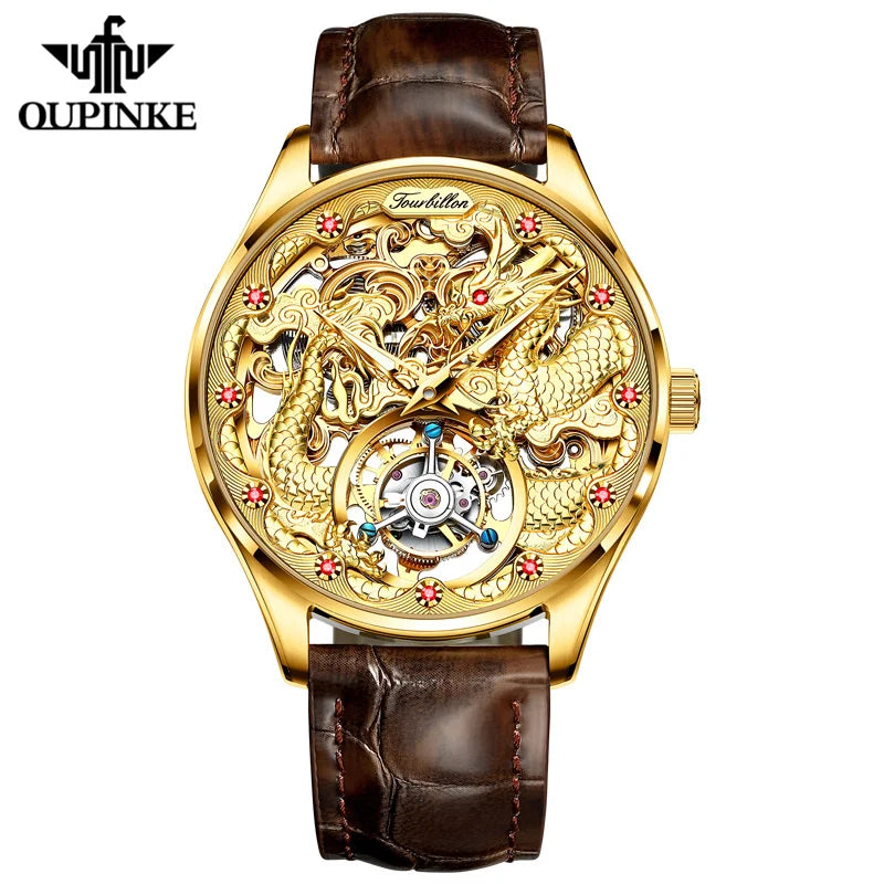 OUPINKE Men Watches 100% Real Tourbillon Watch Mechanical Leather Dragon Luxury Cool Sapphire Montre Tourbillon Watch for Men