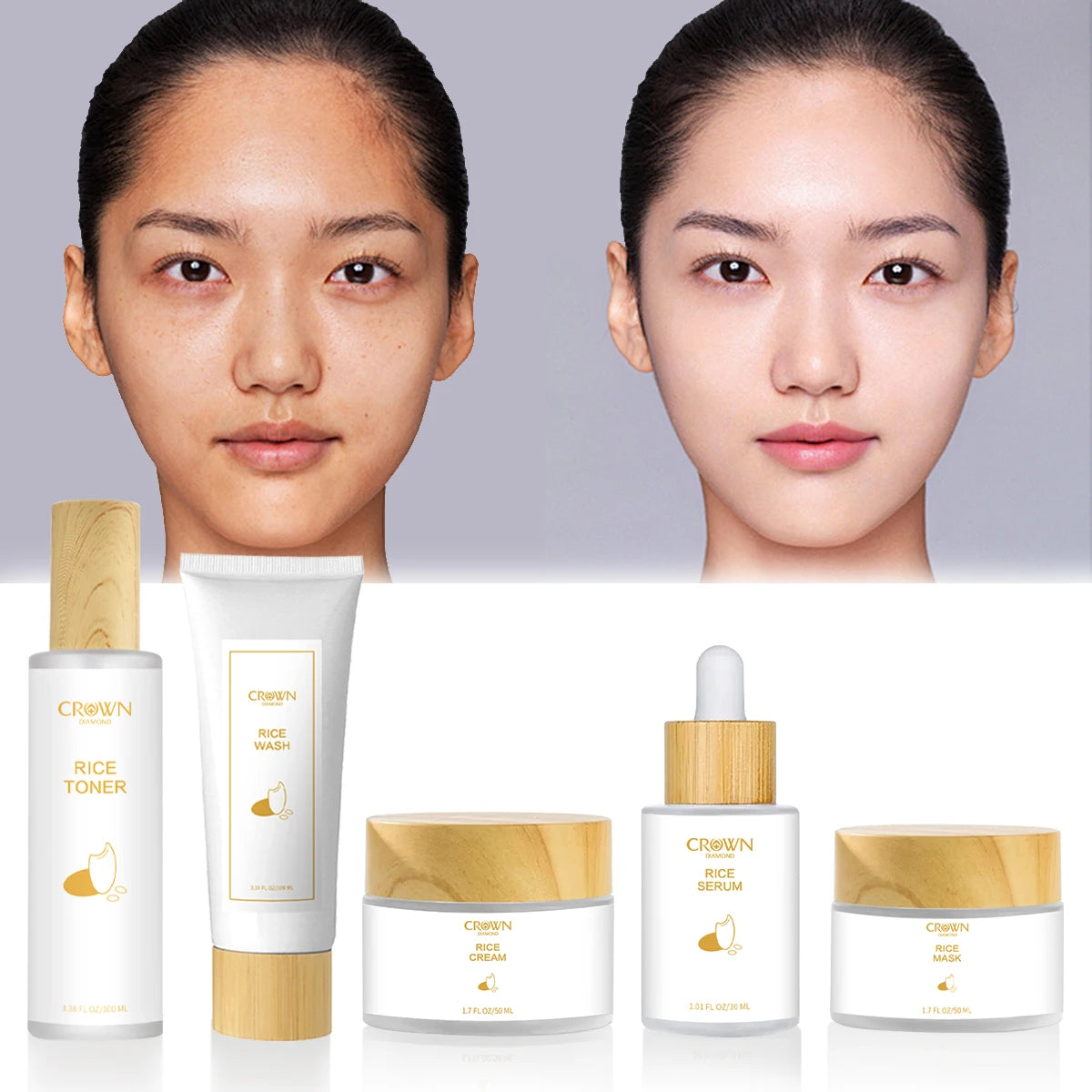 Private Label Natural Organic 5-Pcs Facial Kit Hydrating Firming Anti-Aging Acne Whitening Moisturizing Rice Face Skin Care Set MegaBDM