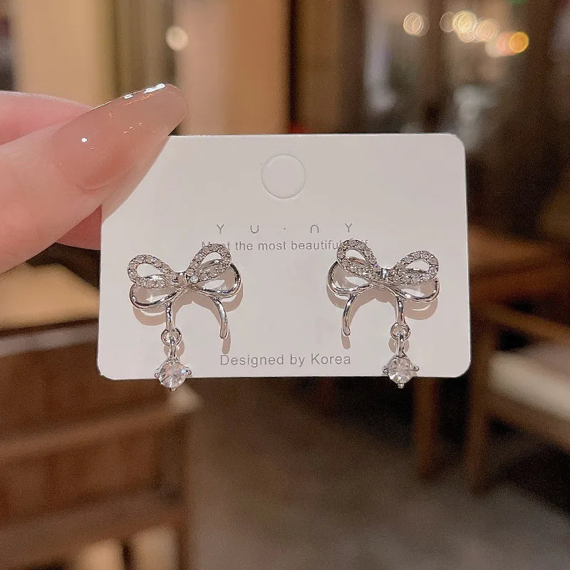 Trendy Bow Crystal Drop Earrings for Women Luxury Sparkling Cubic Zirconia Long Tassel Earrings High Jewelry Gifts