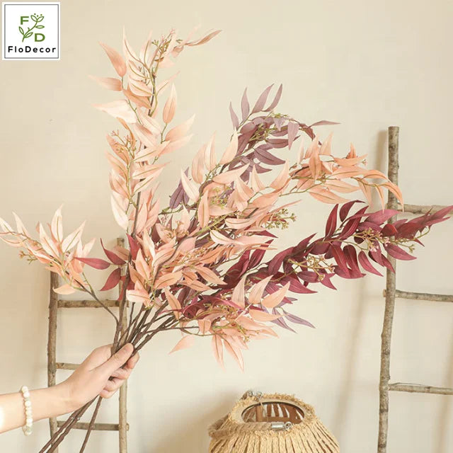Customized Hot Selling Autumn 75cm Artificial Willow Branches Silk Leaves for Wedding Backdrop Decoration White Green