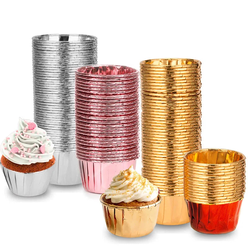 Customizable Size 50PCS Mini Cake Baking Cups Disposable Aluminum Foil Paper Liners for Party Tableware & Decorations