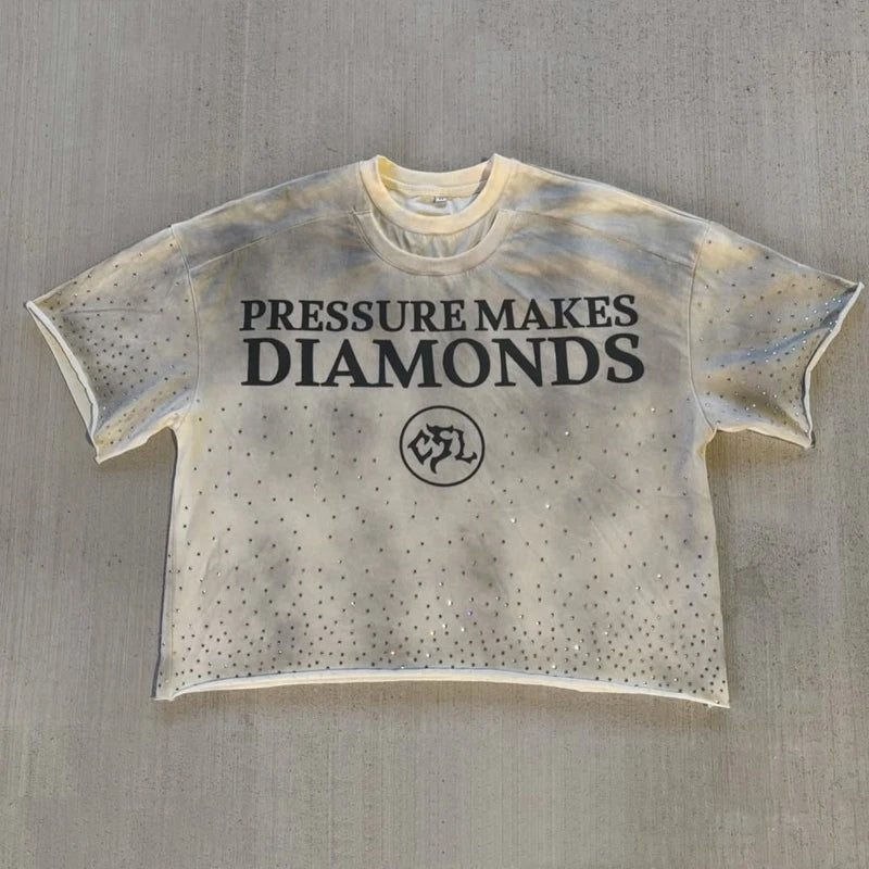 Custom Cotton Graphic Oversize Boxy Tee Rhinestone Designer T Shirts Vintage Raw Hem Distressed Double Layer Collar T-shirt