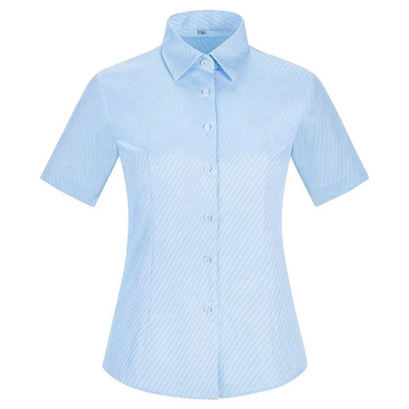 Men Women Elegant Stripes Shirt Short Sleeve Easy Care Oxford Shirt