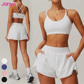 Janya Adult 2 Piece Sports Suit Quick Dry Running Clothing Cross Back Gym Fitness Yoga Bra Sets Solid Pockets Sports Shorts Set