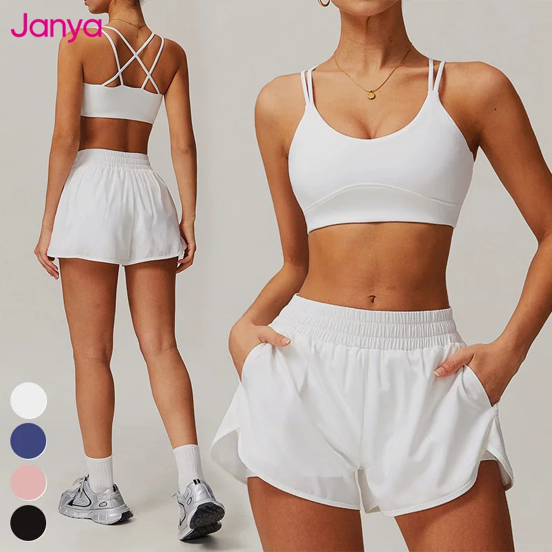Janya Adult 2 Piece Sports Suit Quick Dry Running Clothing Cross Back Gym Fitness Yoga Bra Sets Solid Pockets Sports Shorts Set