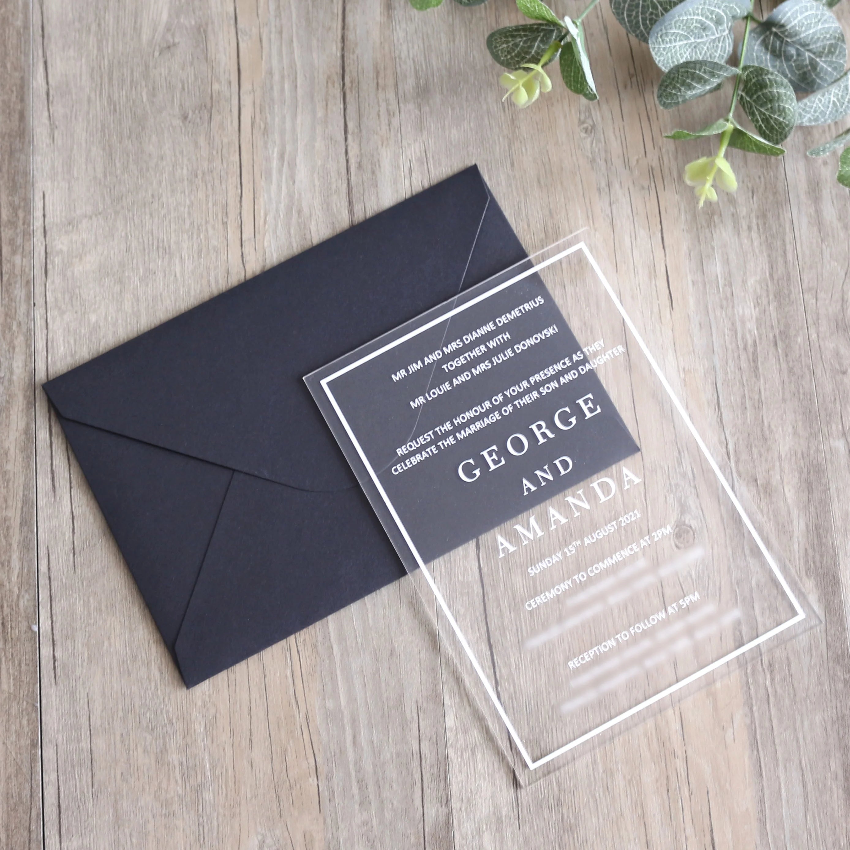 2026 New Design Handmade Elegant Wedding Clear Acrylic Invitation Cards White Foil Transparent with Black Envelope Made of Paper