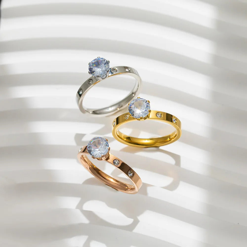 Fashion No Fade Titanium Steel Crystal Diamond Wedding Ring Couple Tarnish Free 18k Gold Big Stones Stainless Steel Rings Women