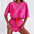 Elegant Summer Women's Sport Two-Piece Set Letter Print Top Tshirts Shorts Streetwear Style Bow Collar Solid Knitting Fabric