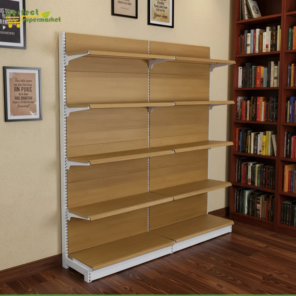 Wholesale Heavy Duty Double Side Wood Grain Steel Single Shelf Gondola Advertising Retail Shop Supermarket Shelf Rack