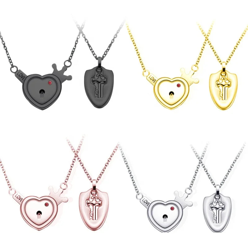 2 PCS/SET Romantic Creative Heart Lock&Key Gold Plated Stainless Steel Couple Jewelry Sets