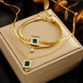 Vintage Gold Plated Cuban Chain Square Bracelet Double Layer Emerald Stainless Steel Snake Bone Chain Necklace Jewelry Set