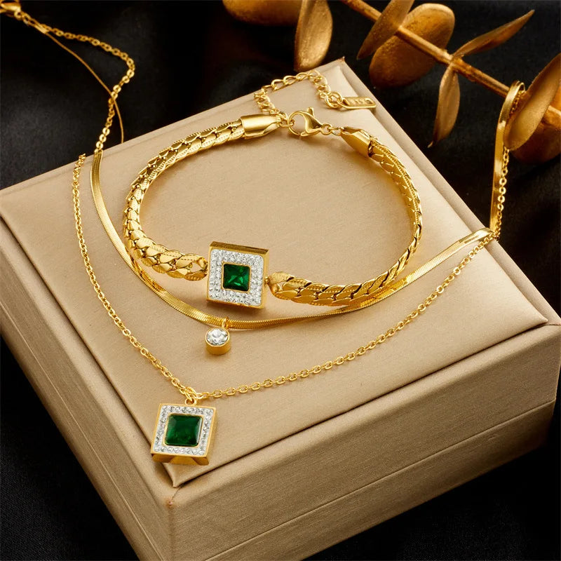 Vintage Gold Plated Cuban Chain Square Bracelet Double Layer Emerald Stainless Steel Snake Bone Chain Necklace Jewelry Set