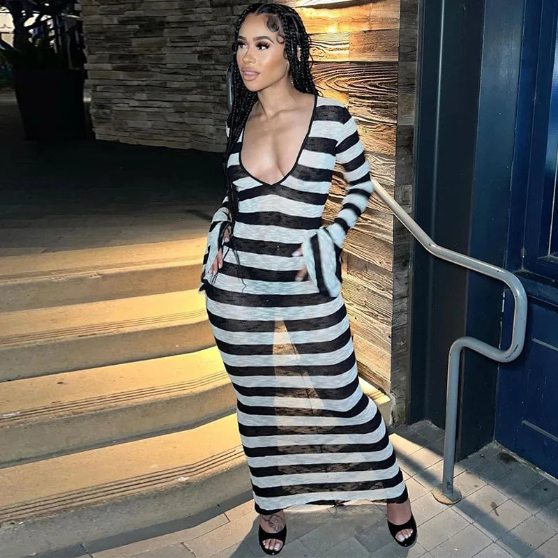 New Arrival Fashion Stripe Long Sleeve Casual Backless Women's Clothing Dress