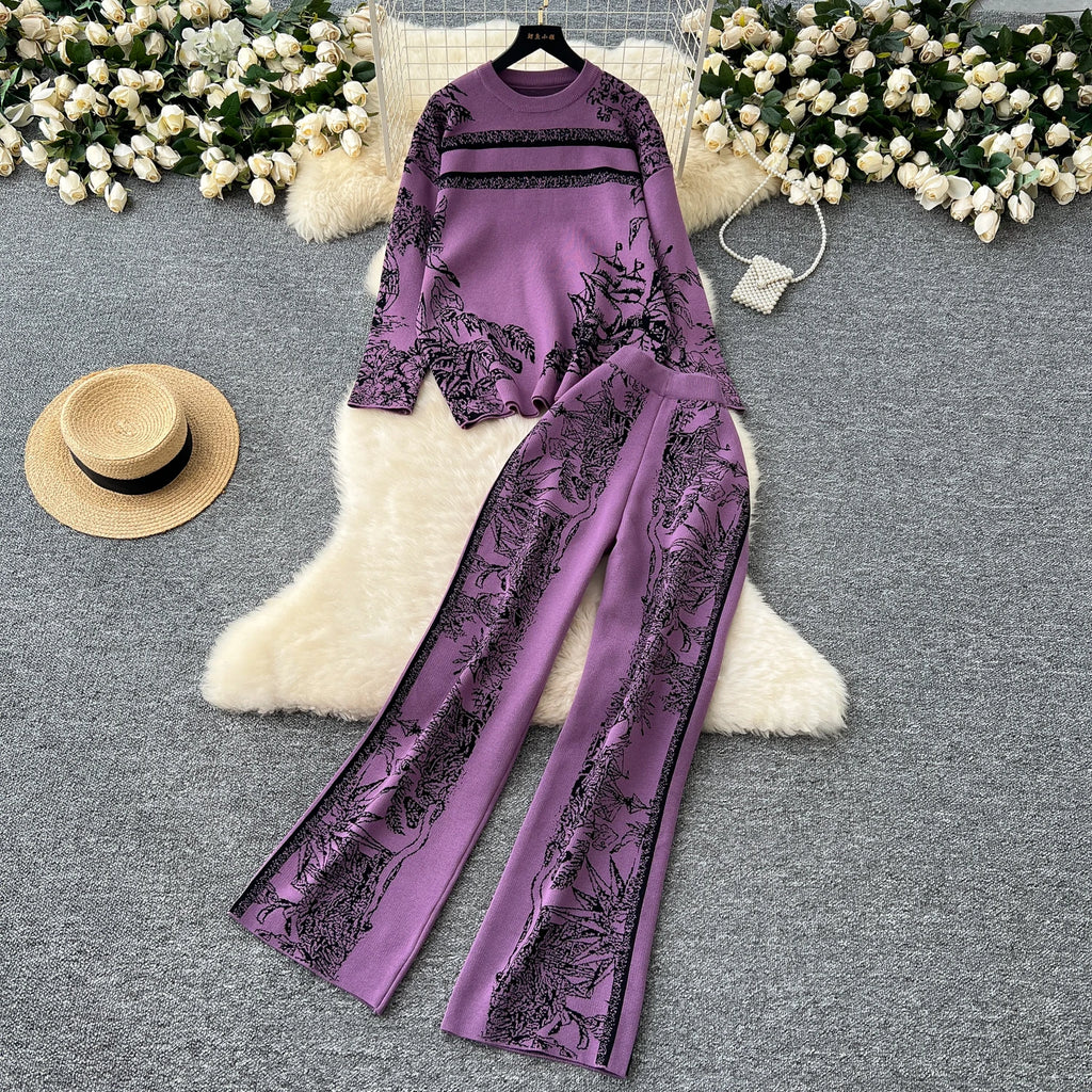 LE4688 Women'S Fashion Suit With Crew-Neck Long Sleeve Jacquard Sweater Sweater High Waist Casual Wide Leg Pants