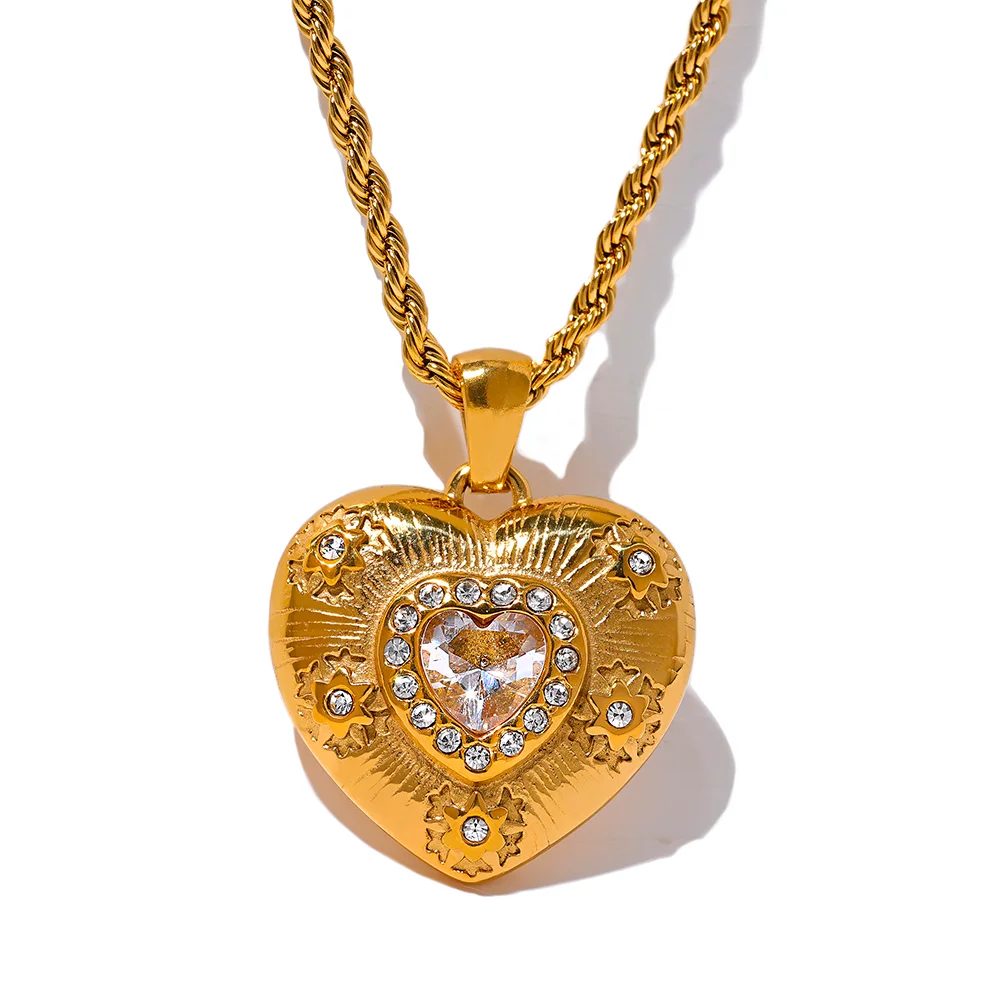 JINYOU 2762 Cubic Zirconia Heart Pendant Stainless Steel 18k Gold Color Necklace Romantic Exquisite Valentine's Day Jewelry