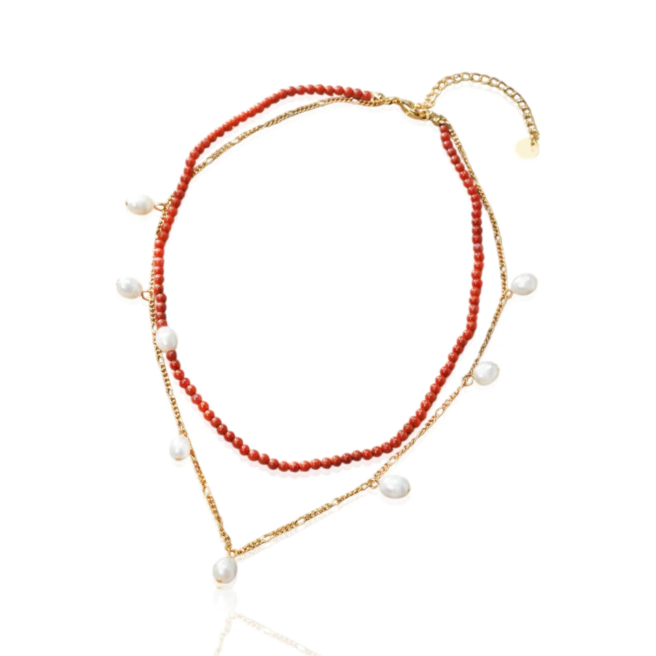 New Design Brass Geometric Red Beads Natural Pearls Double Layers Real Gold Plated Certified Strand String Necklace Women