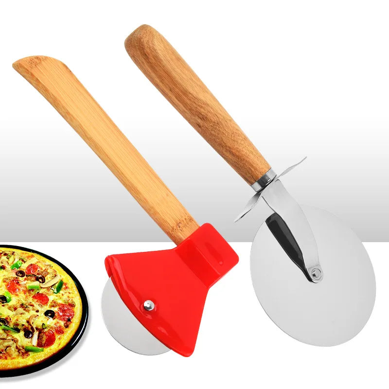 Creative Wooden Handle Stainless Steel Pizza Cutter Single Wheel Cake and Cookie Cutter Metal Kitchen Tool
