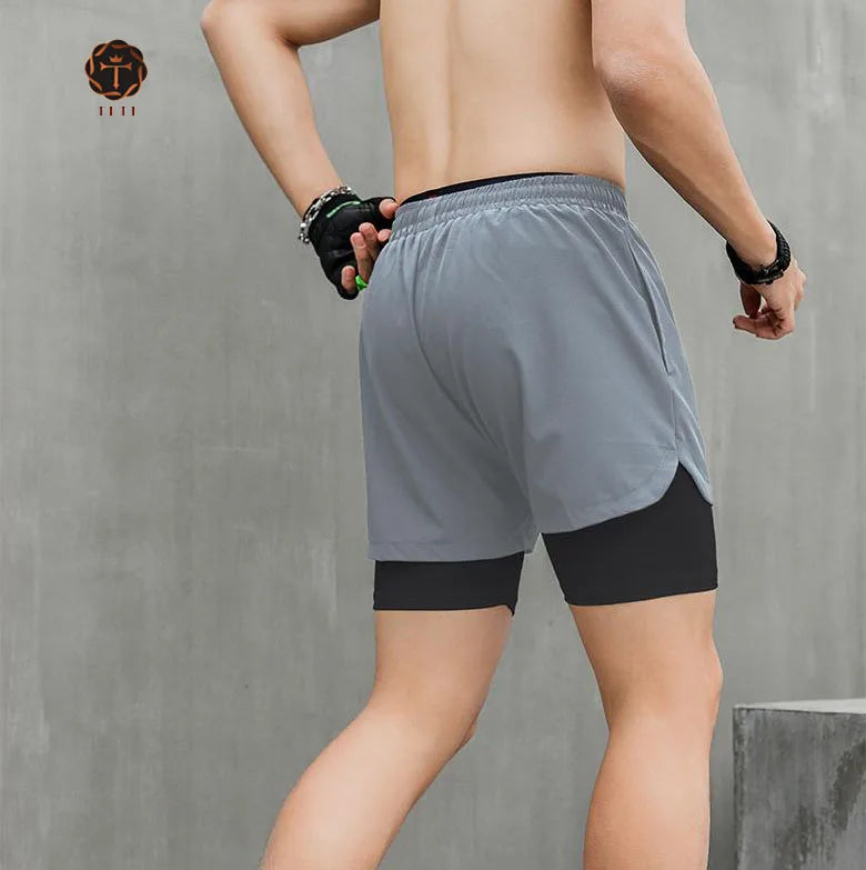 TITI Casual Fitness Workout Loose Sportswear Running Double Layer Shorts Summer Men Sports Shorts With Back Phone Pocket