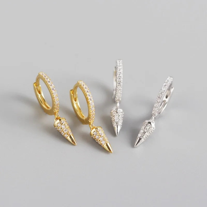 NEW Fine Jewelry 925 Sterling Silver Punk Earrings Triangle Spike With Small Diamond Charms Hoop Earrings for Women