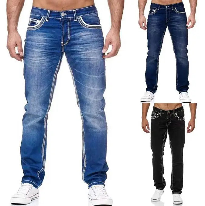 Custom High Quality Blue Slim Fit Straight Denim Jeans Vintage Washed Men Size S-3XL