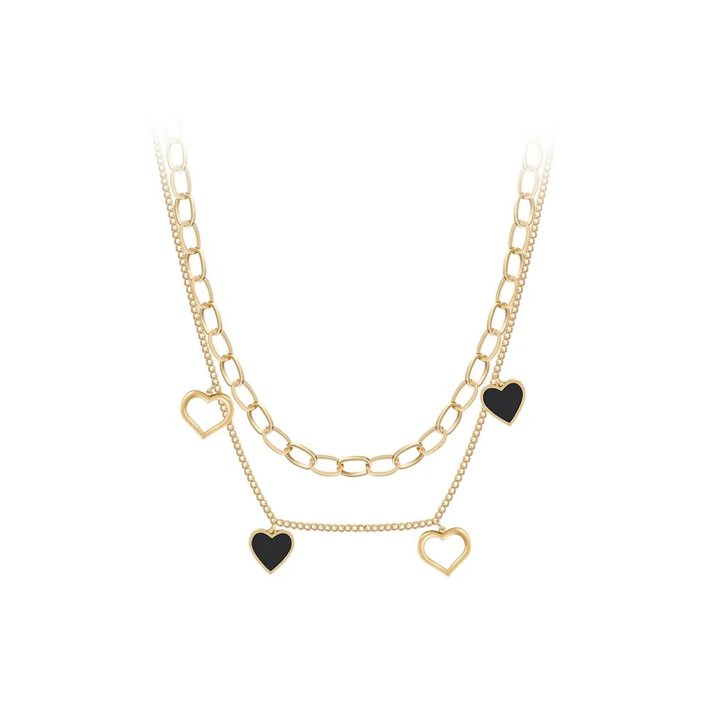 Latest 18K Gold Plated Stainless Steel Jewelry Hollow Heart Charms Pendant Double Layered Link Chain for Women Necklace P233388