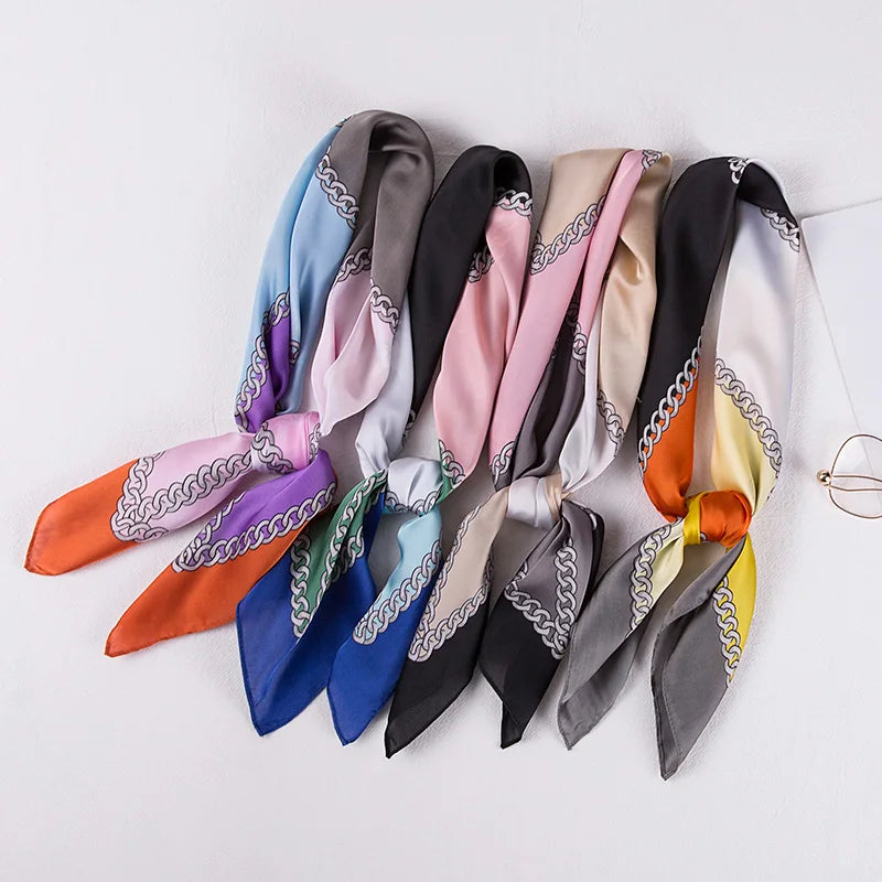 2026 Best Selling Summer New Fashion Silk Satin square Scarf Box Color Chain Printing Scarf Custom Silk Scarf