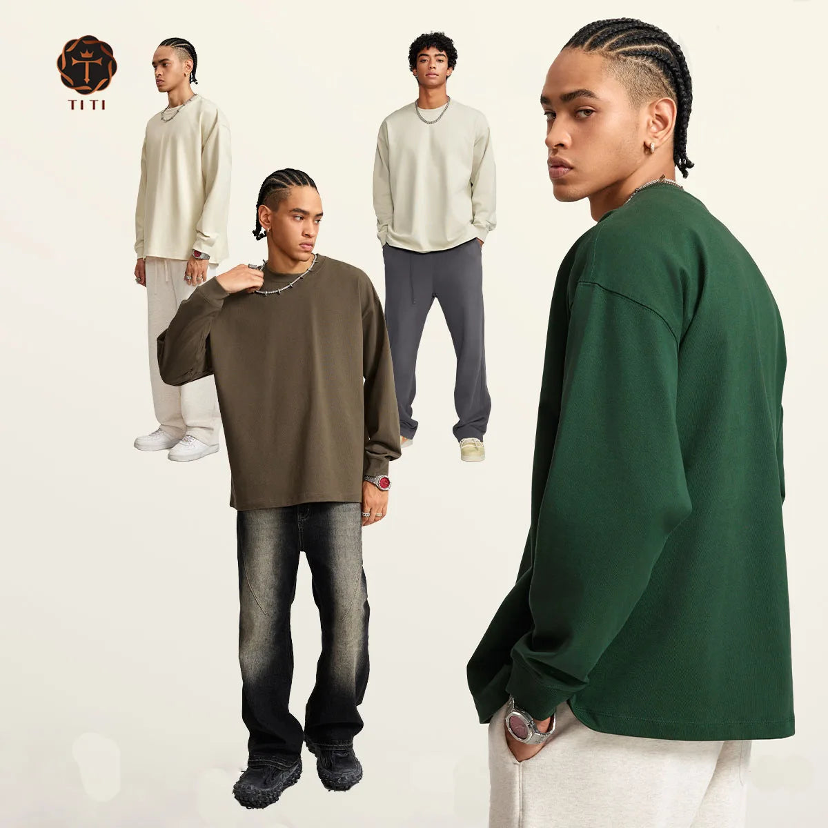 TT Wholesale 100% Cotton Luxury T Shirt 425GSM Unisex Custom Logo Blank Oversized Men's Long Sleeve T-shirt