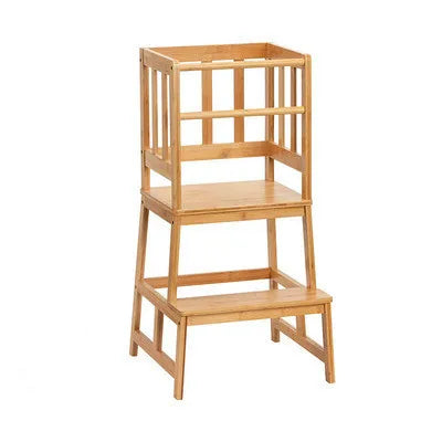Bamboo Kids Kitchen Step Stool Helper with Removable Anti-Drop Railing Safety Rail Standing Learning Towers