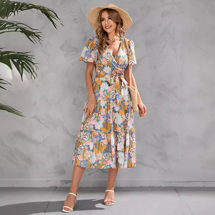 Wholesale Summer Printed V-Neck Dresses Ruffle Sleeve Dresses for Women