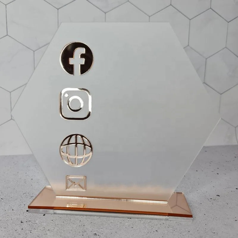 Hot Sale Tabletop Social Media Sign Rose Gold Business Sign Business Acrylic Signage Acrylic Hexagon Sign Shop Decoration